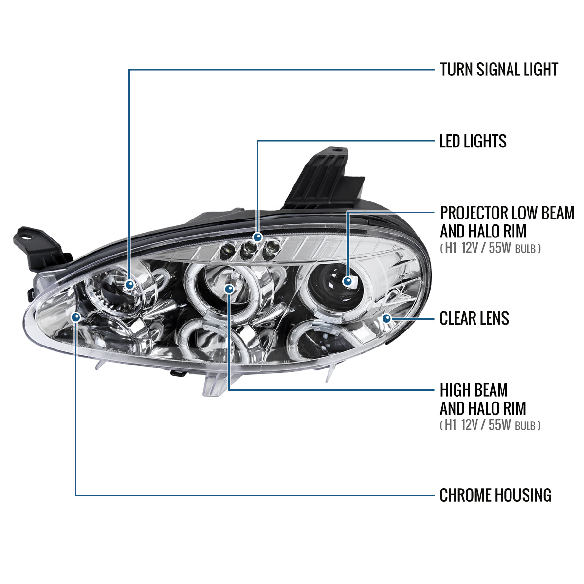Ronnin - Compatible con Mazda MX-5 Miata 2001-2005 Faros delanteros de proyector con luces de circulación diurna LED de doble halo y aros mejorados, par | Cromado