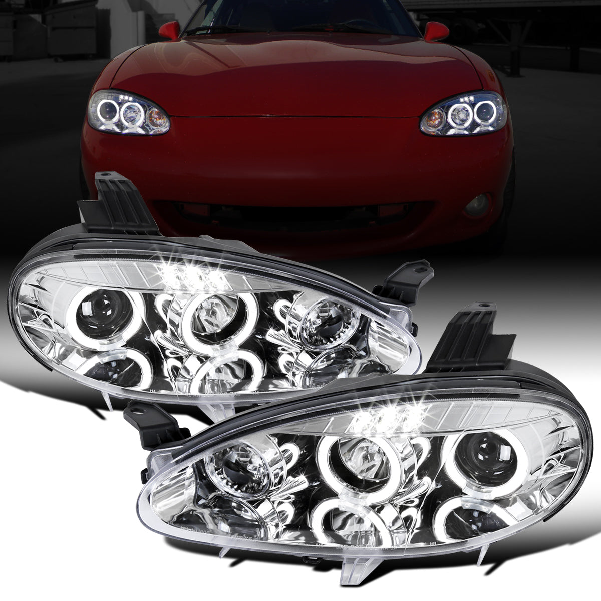 Ronnin - Compatible con Mazda MX-5 Miata 2001-2005 Faros delanteros de proyector con luces de circulación diurna LED de doble halo y aros mejorados, par | Cromado