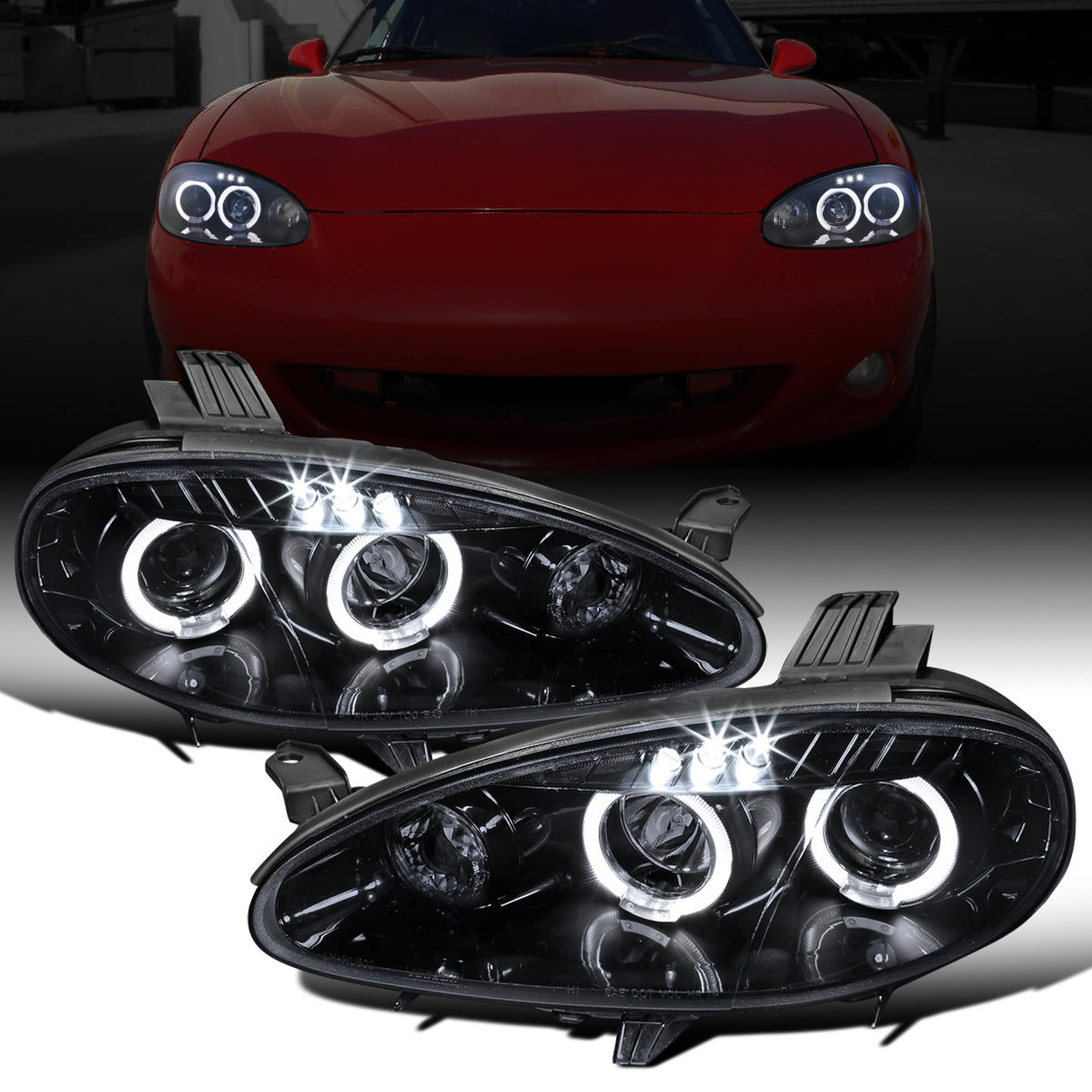 Ronnin - Compatible con Mazda MX-5 Miata 2001-2005 Faros delanteros con proyector de luces de circulación diurna LED de doble halo mejorados | Negro Ahumado