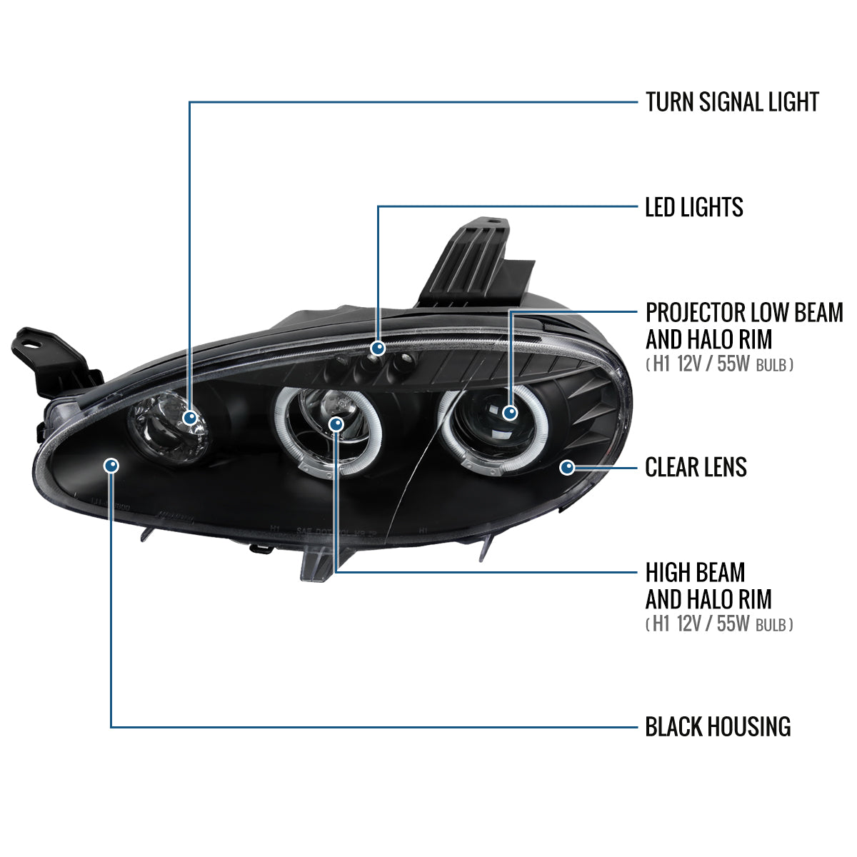 Ronnin - Compatible con Mazda MX-5 Miata 2001-2005 Faros delanteros tipo proyector de repuesto mejorados con LED de doble halo y luces de circulación diurna, par | Negro