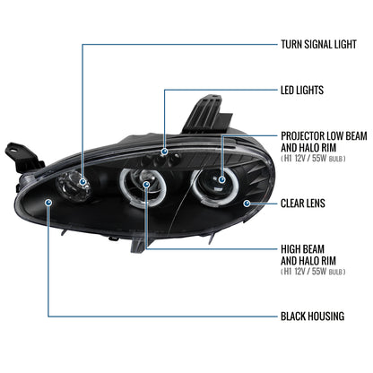 Ronnin - Compatible con Mazda MX-5 Miata 2001-2005 Faros delanteros tipo proyector de repuesto mejorados con LED de doble halo y luces de circulación diurna, par | Negro