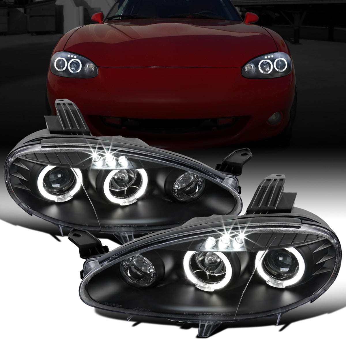 Ronnin - Compatible con Mazda MX-5 Miata 2001-2005 Faros delanteros tipo proyector de repuesto mejorados con LED de doble halo y luces de circulación diurna, par | Negro