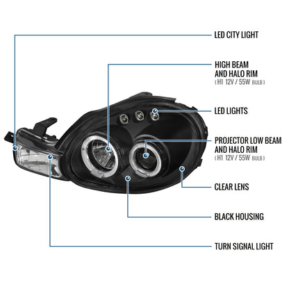 Ronnin - Compatible con Dodge Neon Plymouth Neon 2000-2002 | Par de faros delanteros de proyector de doble aro LED de repuesto mejorados | Negros