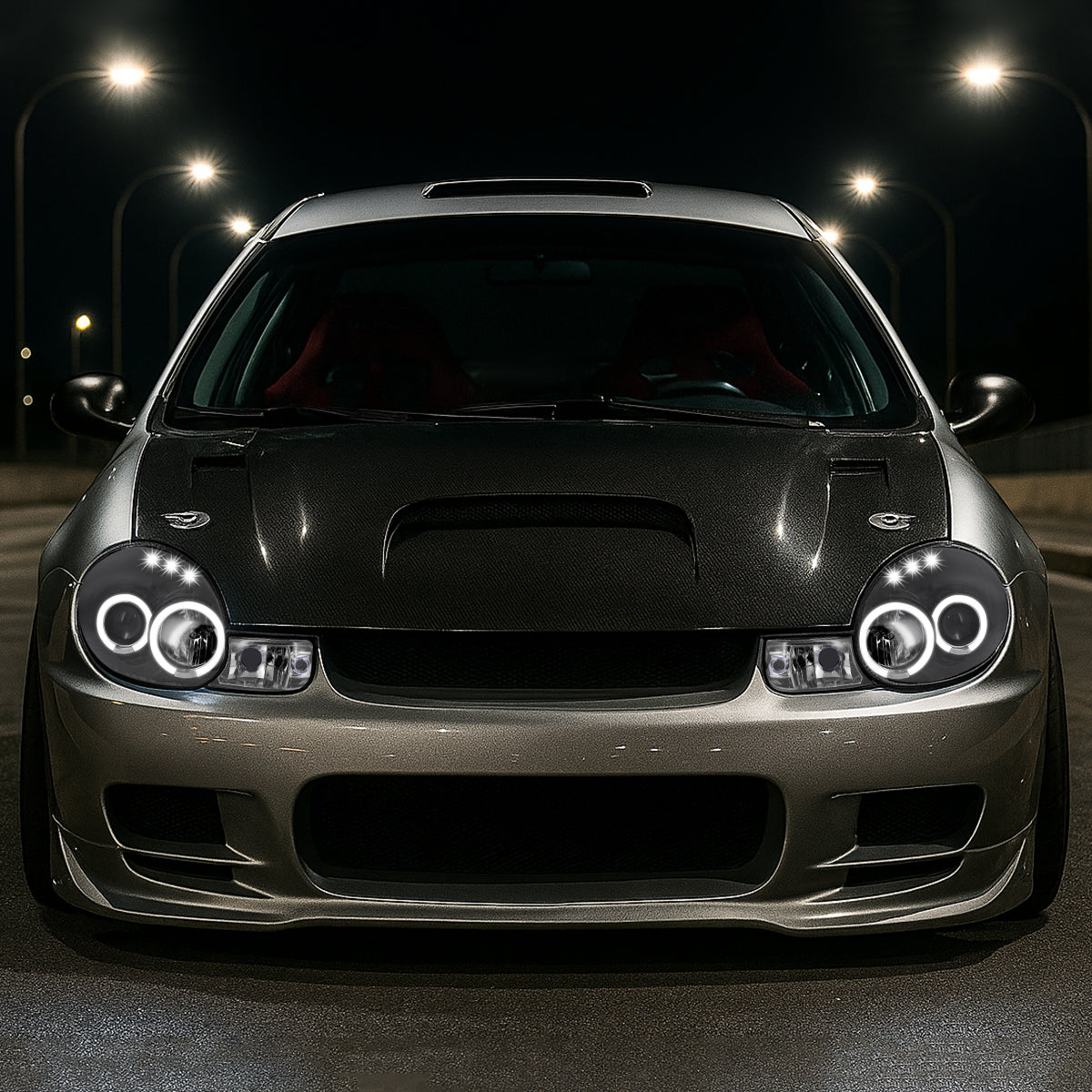 Ronnin - Compatible con Dodge Neon Plymouth Neon 2000-2002 | Par de faros delanteros de proyector de doble aro LED de repuesto mejorados | Negros