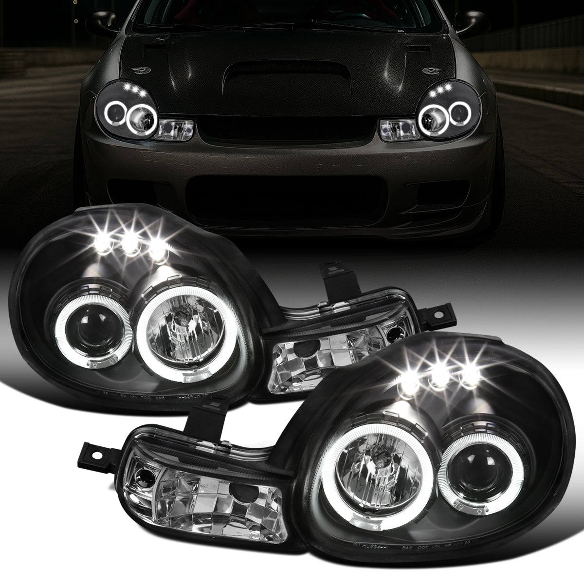 Ronnin - Compatible con Dodge Neon Plymouth Neon 2000-2002 | Par de faros delanteros de proyector de doble aro LED de repuesto mejorados | Negros