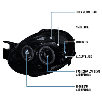 Ronnin - Se adapta a Dodge Neon 2003-2005 Faros delanteros de proyector LED de doble aro mejorados | Negro Humo
