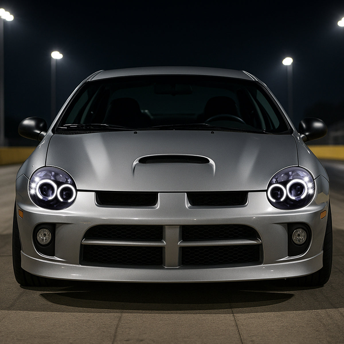 Ronnin - Se adapta a Dodge Neon 2003-2005 Faros delanteros de proyector LED de doble aro mejorados | Negro Humo