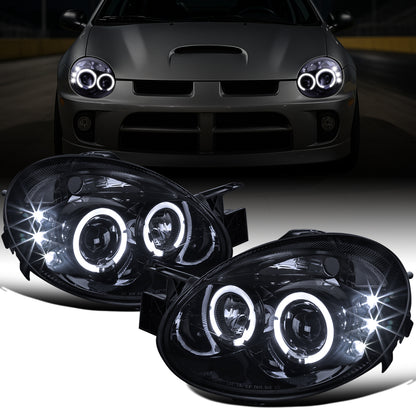 Ronnin - Se adapta a Dodge Neon 2003-2005 Faros delanteros de proyector LED de doble aro mejorados | Negro Humo