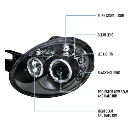 Ronnin - Se adapta a Dodge Neon 2003-2005 Faros delanteros de proyector con LED de doble halo, de repuesto mejorado, montaje en par | Negro