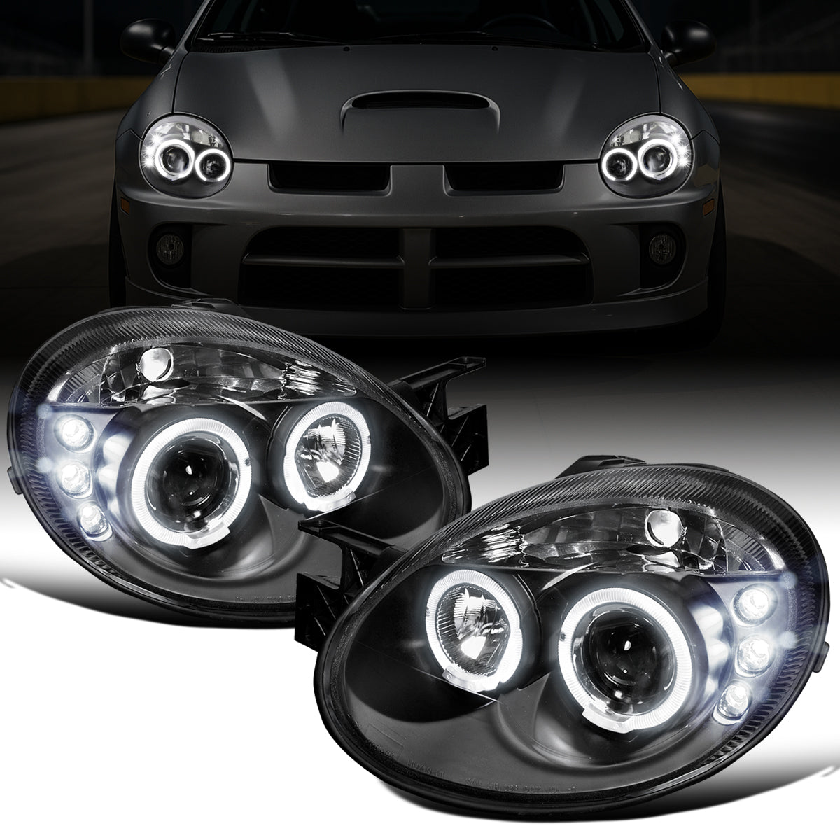 Ronnin - Se adapta a Dodge Neon 2003-2005 Faros delanteros de proyector con LED de doble halo, de repuesto mejorado, montaje en par | Negro