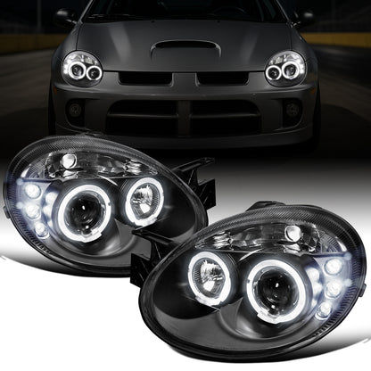 Ronnin - Se adapta a Dodge Neon 2003-2005 Faros delanteros de proyector con LED de doble halo, de repuesto mejorado, montaje en par | Negro