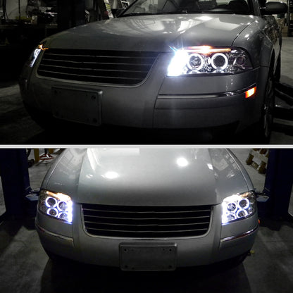 Ronnin - Compatible con Volkswagen Passat 2001-2005, montaje de faros delanteros de proyector de halógeno con doble aro LED, par de reemplazo de actualización | Cromado