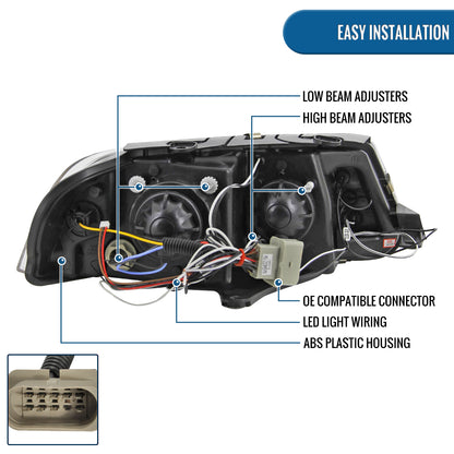 Ronnin - Compatible con Volkswagen Passat 2001-2005, montaje de faros delanteros de proyector de halógeno con doble aro LED, par de reemplazo de actualización | Cromado