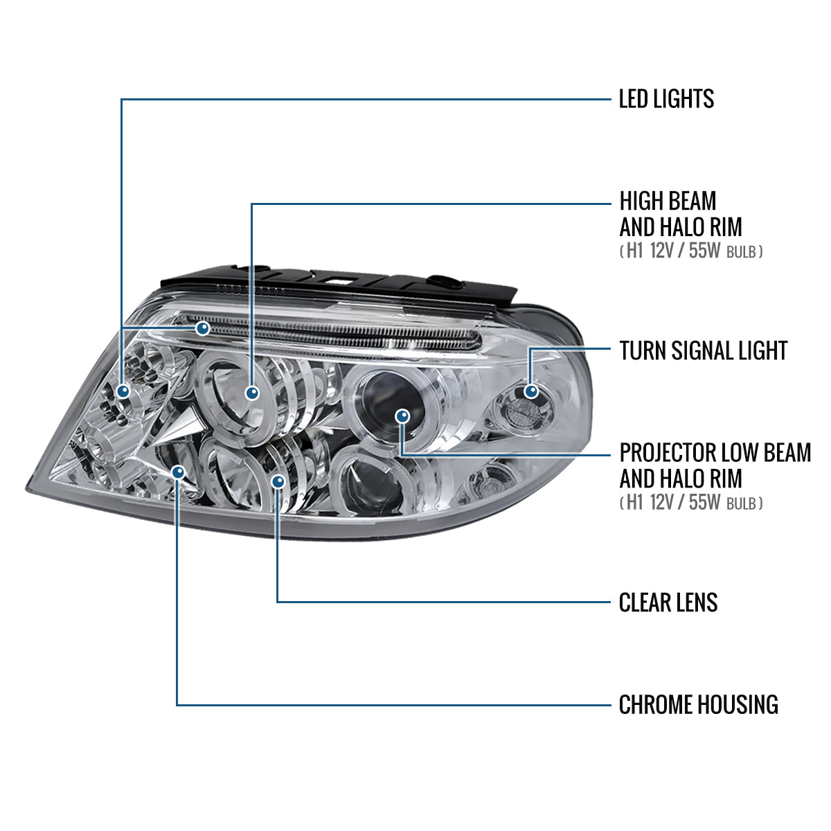 Ronnin - Compatible con Volkswagen Passat 2001-2005, montaje de faros delanteros de proyector de halógeno con doble aro LED, par de reemplazo de actualización | Cromado