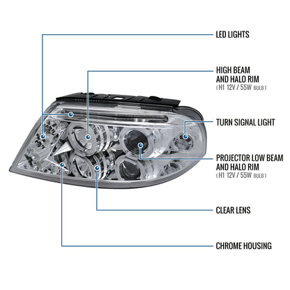 Ronnin - Compatible con Volkswagen Passat 2001-2005, montaje de faros delanteros de proyector de halógeno con doble aro LED, par de reemplazo de actualización | Cromado