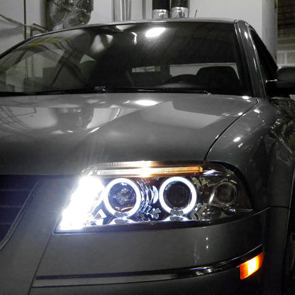 Ronnin - Compatible con Volkswagen Passat 2001-2005, montaje de faros delanteros de proyector de halógeno con doble aro LED, par de reemplazo de actualización | Cromado
