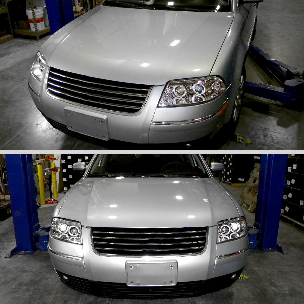Ronnin - Compatible con Volkswagen Passat 2001-2005, montaje de faros delanteros de proyector de halógeno con doble aro LED, par de reemplazo de actualización | Cromado