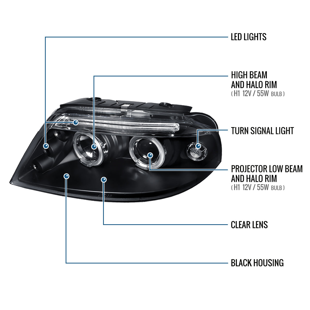 Ronnin - Se adapta a 2001-2005 Volkswagen Passat Actualización de Reemplazo LED con Doble Aro y Halógeno Proyector Faros Delanteros Ensamblaje Par | Negro
