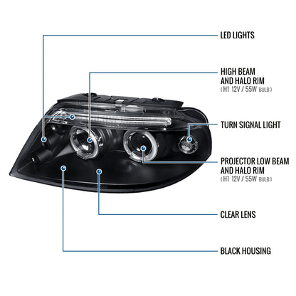 Ronnin - Se adapta a 2001-2005 Volkswagen Passat Actualización de Reemplazo LED con Doble Aro y Halógeno Proyector Faros Delanteros Ensamblaje Par | Negro