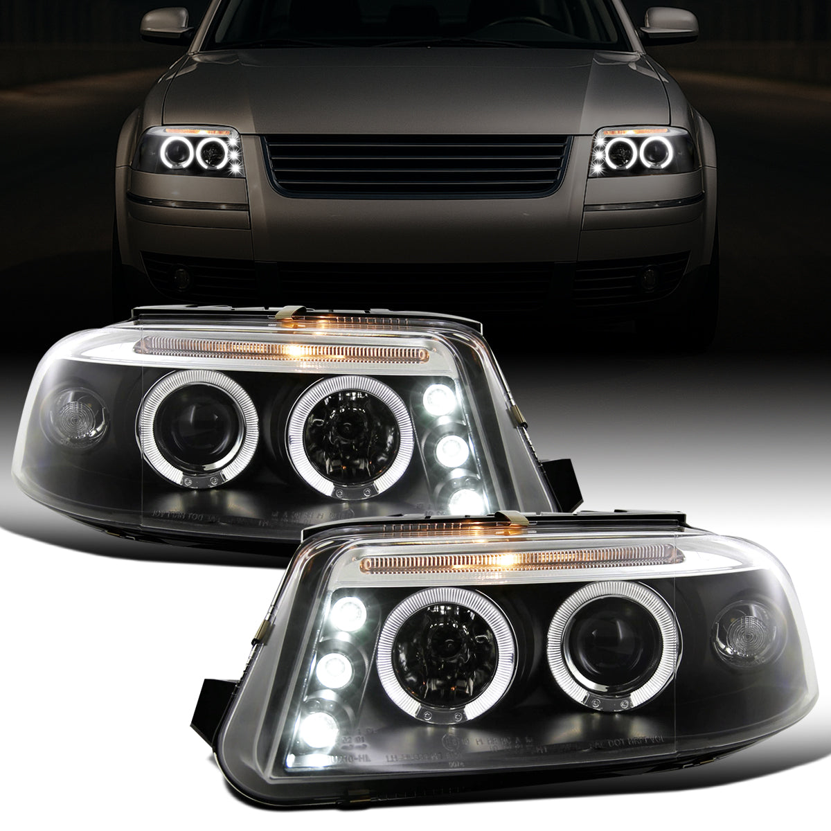 Ronnin - Se adapta a 2001-2005 Volkswagen Passat Actualización de Reemplazo LED con Doble Aro y Halógeno Proyector Faros Delanteros Ensamblaje Par | Negro