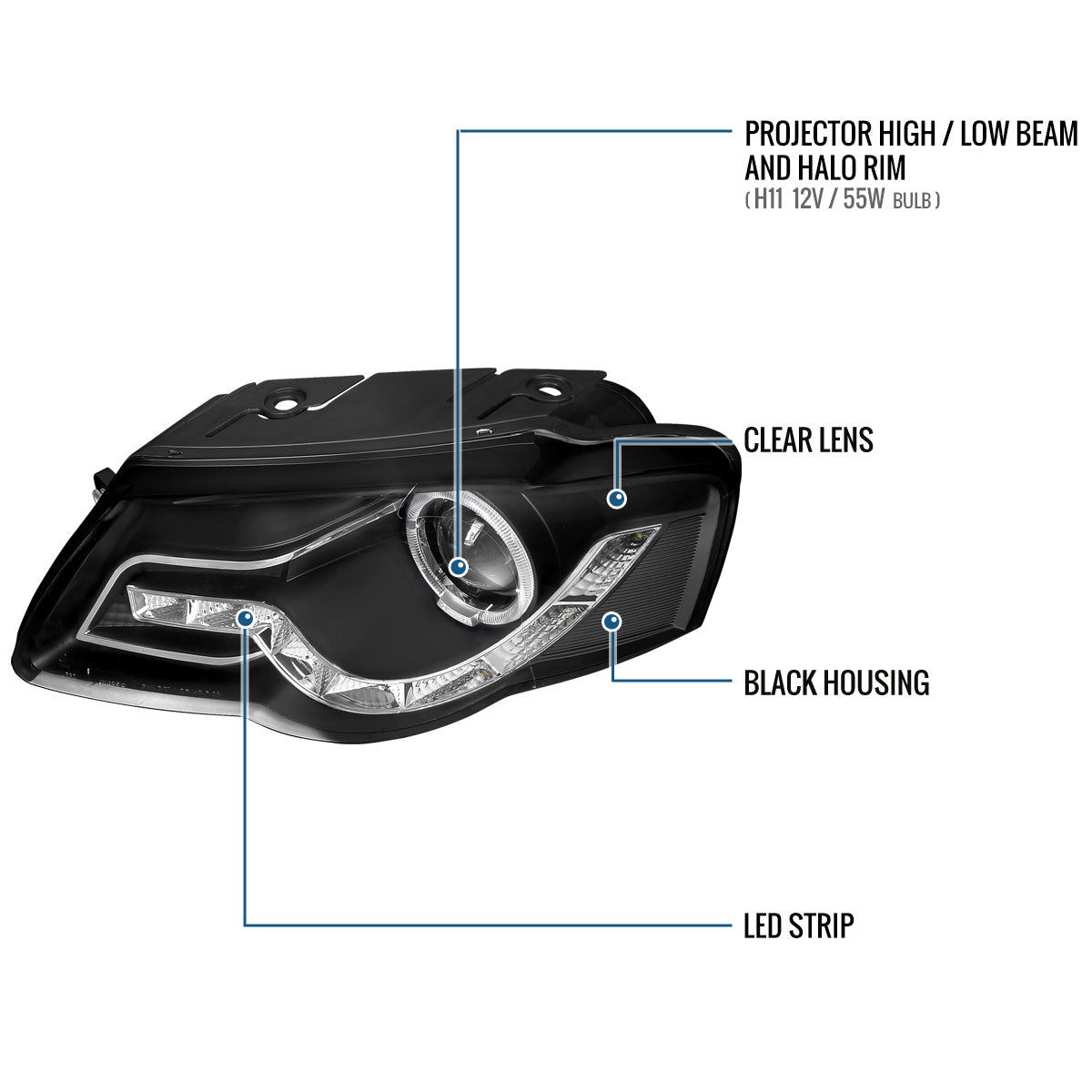 Ronnin - Se adapta a 2006-2010 Volkswagen Passat Actualización de repuesto Luces de circulación LED Conjunto de faros delanteros halógenos con proyector Par | Negro