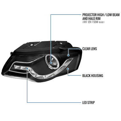 Ronnin - Se adapta a 2006-2010 Volkswagen Passat Actualización de repuesto Luces de circulación LED Conjunto de faros delanteros halógenos con proyector Par | Negro
