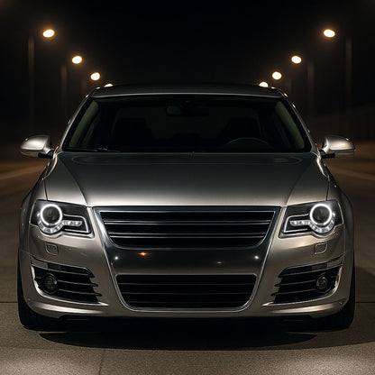 Ronnin - Se adapta a 2006-2010 Volkswagen Passat Actualización de repuesto Luces de circulación LED Conjunto de faros delanteros halógenos con proyector Par | Negro
