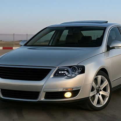 Ronnin - Se adapta a 2006-2010 Volkswagen Passat Actualización de repuesto Luces de circulación LED Conjunto de faros delanteros halógenos con proyector Par | Negro
