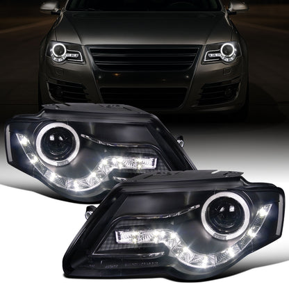 Ronnin - Se adapta a 2006-2010 Volkswagen Passat Actualización de repuesto Luces de circulación LED Conjunto de faros delanteros halógenos con proyector Par | Negro
