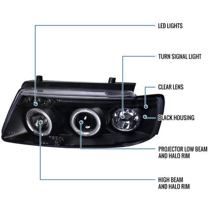 Ronnin - Compatible con Volkswagen Passat Sedán Hatchback 1997-2000 Juego de faros delanteros de proyector de doble aro LED de repuesto mejorado | Negro