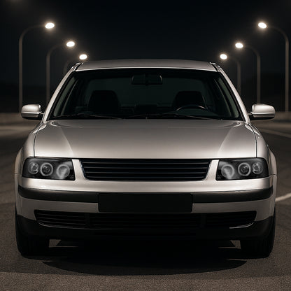 Ronnin - Compatible con Volkswagen Passat Sedán Hatchback 1997-2000 Juego de faros delanteros de proyector de doble aro LED de repuesto mejorado | Negro