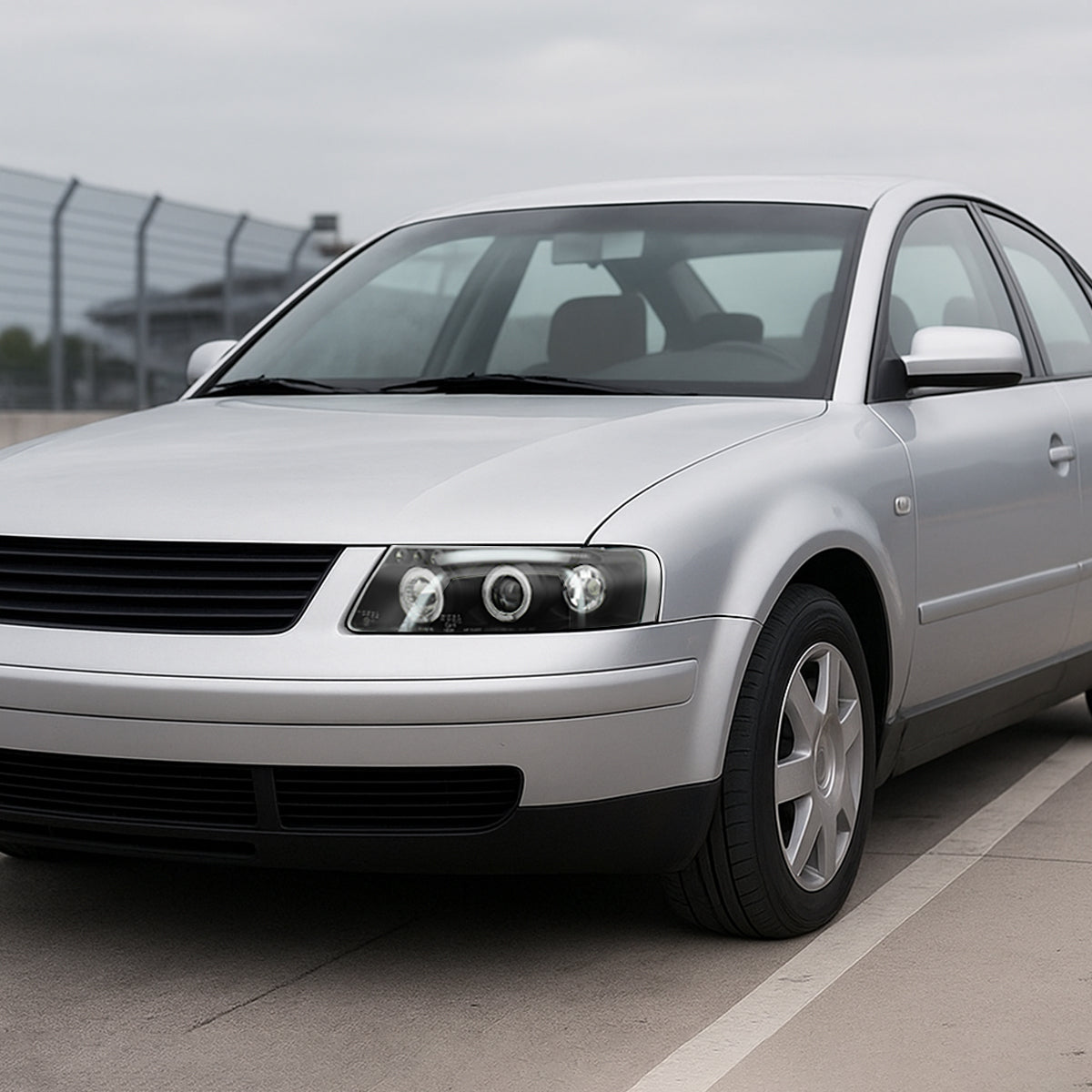 Ronnin - Compatible con Volkswagen Passat Sedán Hatchback 1997-2000 Juego de faros delanteros de proyector de doble aro LED de repuesto mejorado | Negro