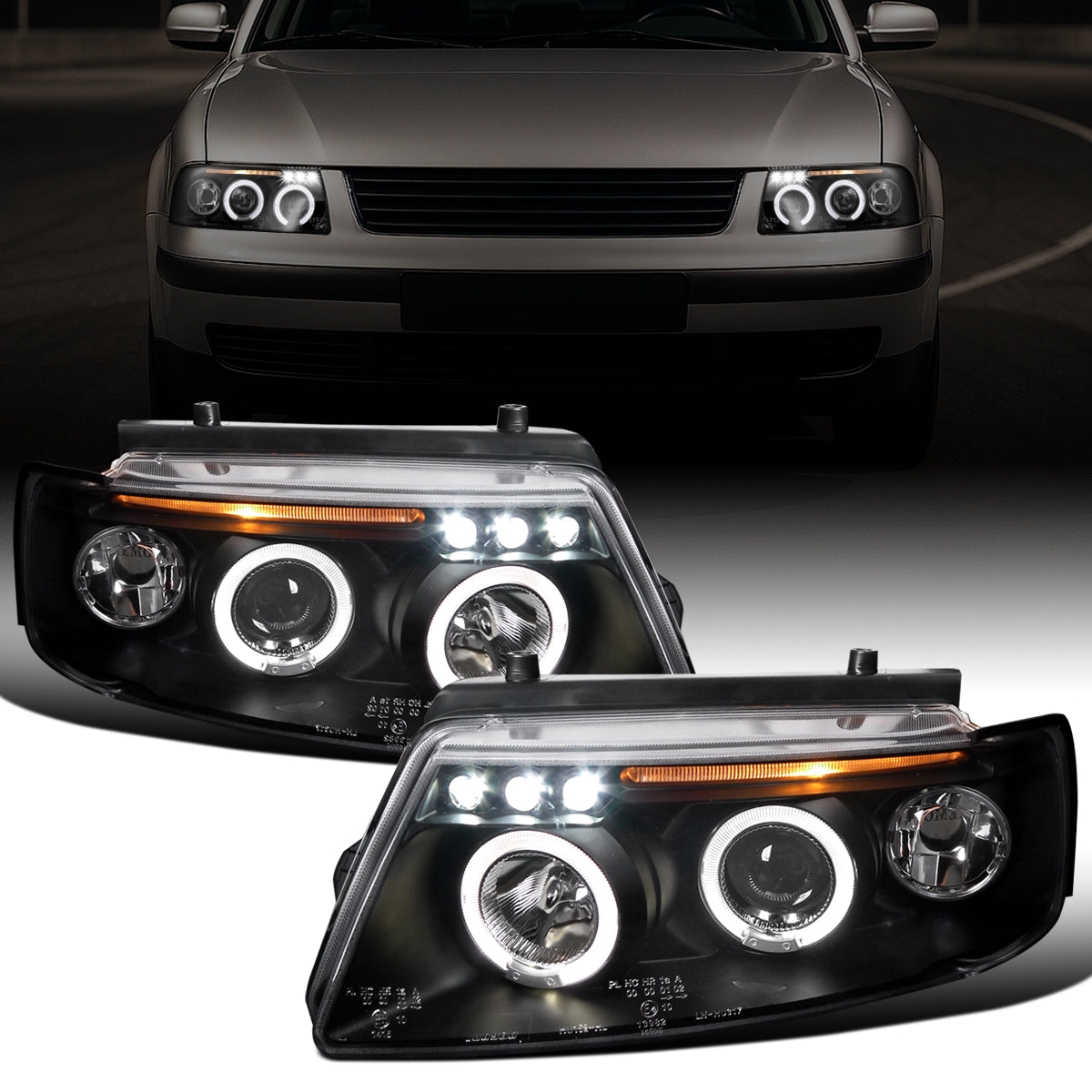 Ronnin - Compatible con Volkswagen Passat Sedán Hatchback 1997-2000 Juego de faros delanteros de proyector de doble aro LED de repuesto mejorado | Negro