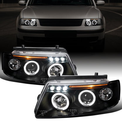 Ronnin - Compatible con Volkswagen Passat Sedán Hatchback 1997-2000 Juego de faros delanteros de proyector de doble aro LED de repuesto mejorado | Negro