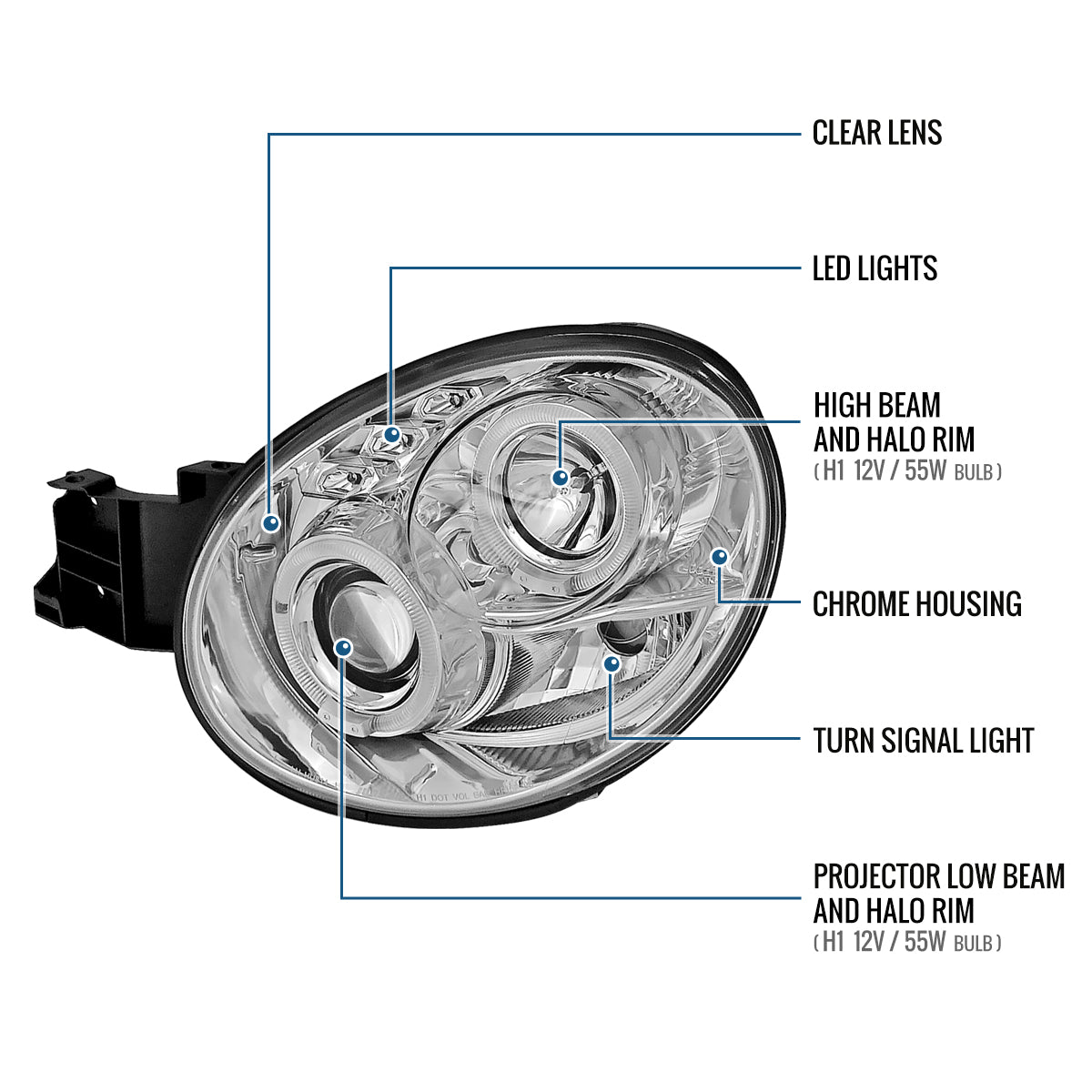 Ronnin - Se adapta a la pareja de faros delanteros con proyector y doble aro LED de repuesto para Subaru Impreza 2002-2003 | Cromado