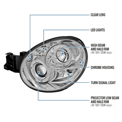 Ronnin - Se adapta a la pareja de faros delanteros con proyector y doble aro LED de repuesto para Subaru Impreza 2002-2003 | Cromado