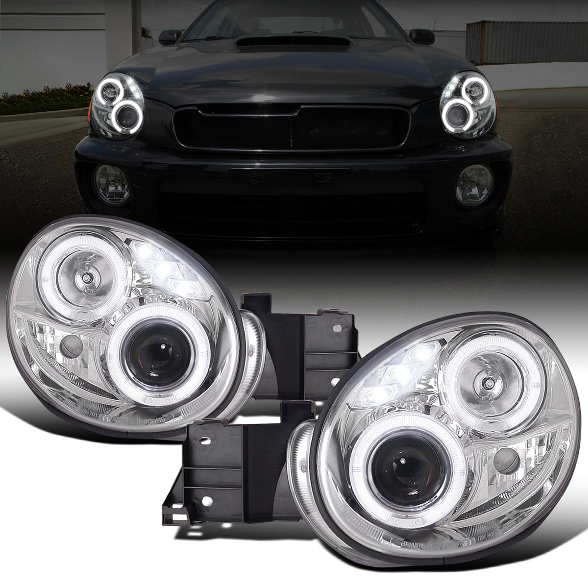 Ronnin - Se adapta a la pareja de faros delanteros con proyector y doble aro LED de repuesto para Subaru Impreza 2002-2003 | Cromado