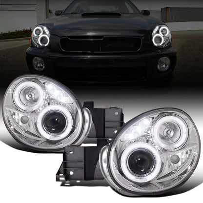 Ronnin - Se adapta a la pareja de faros delanteros con proyector y doble aro LED de repuesto para Subaru Impreza 2002-2003 | Cromado