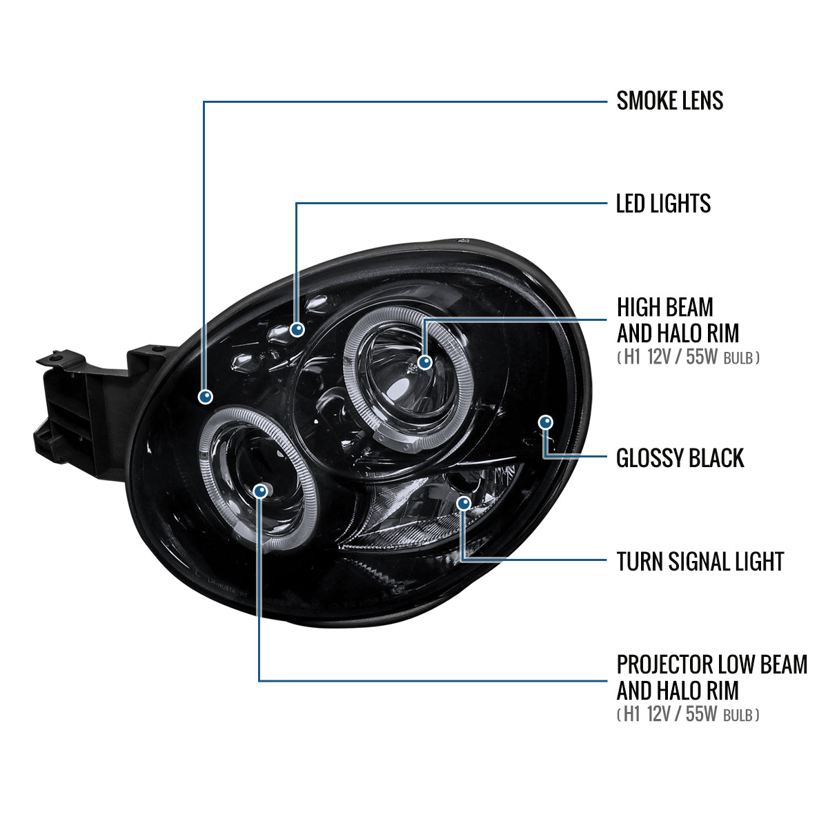 Ronnin - Se adapta a la pareja de faros delanteros con proyector de doble aro LED de repuesto mejorado Subaru Impreza 2002-2003 | Ahumado