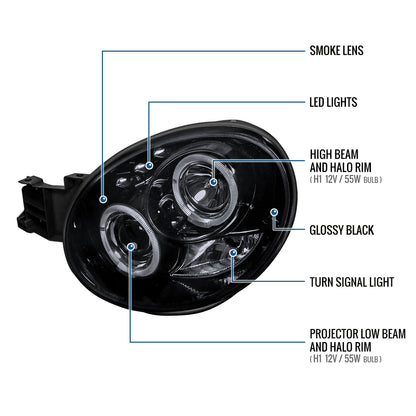 Ronnin - Se adapta a la pareja de faros delanteros con proyector de doble aro LED de repuesto mejorado Subaru Impreza 2002-2003 | Ahumado
