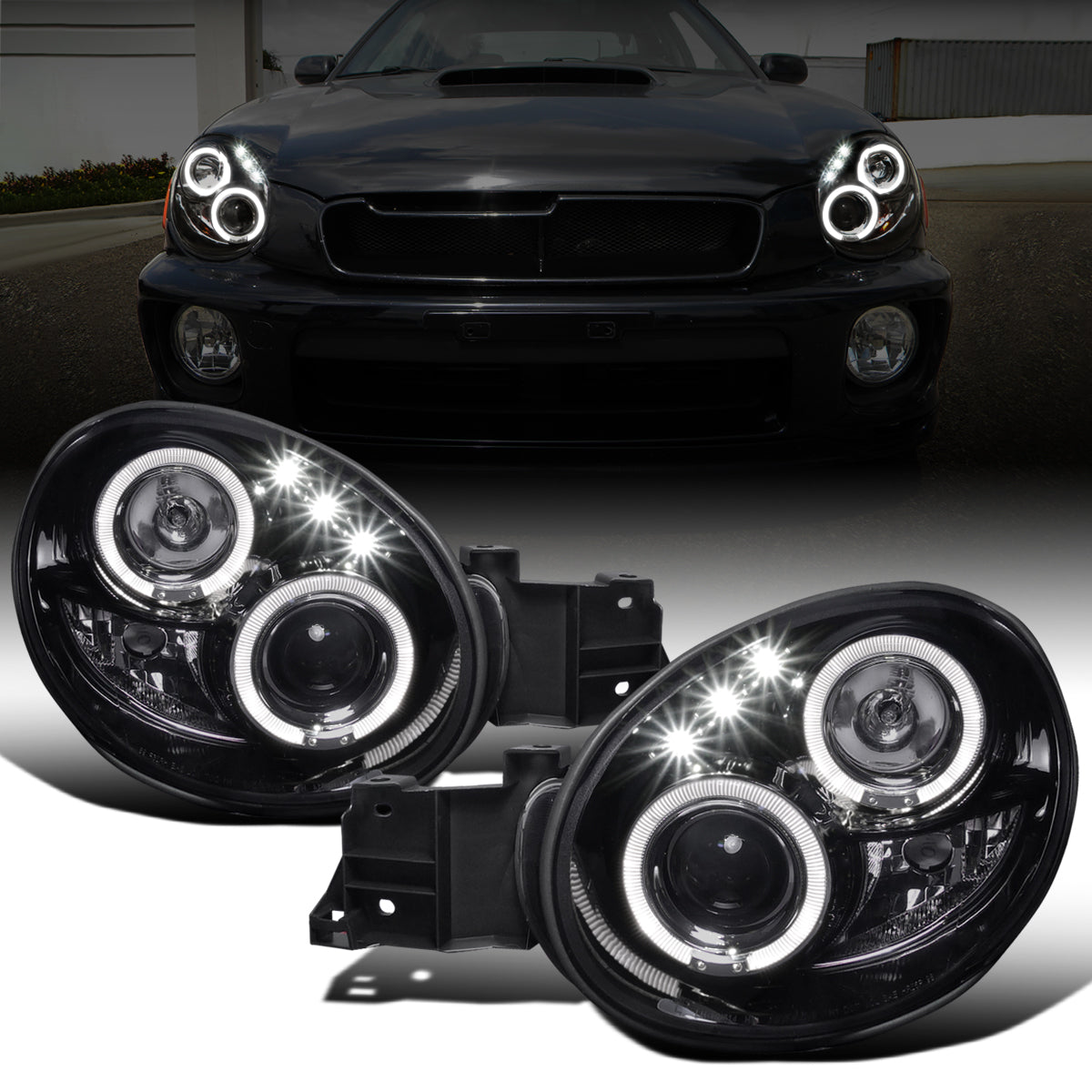 Ronnin - Se adapta a la pareja de faros delanteros con proyector de doble aro LED de repuesto mejorado Subaru Impreza 2002-2003 | Ahumado