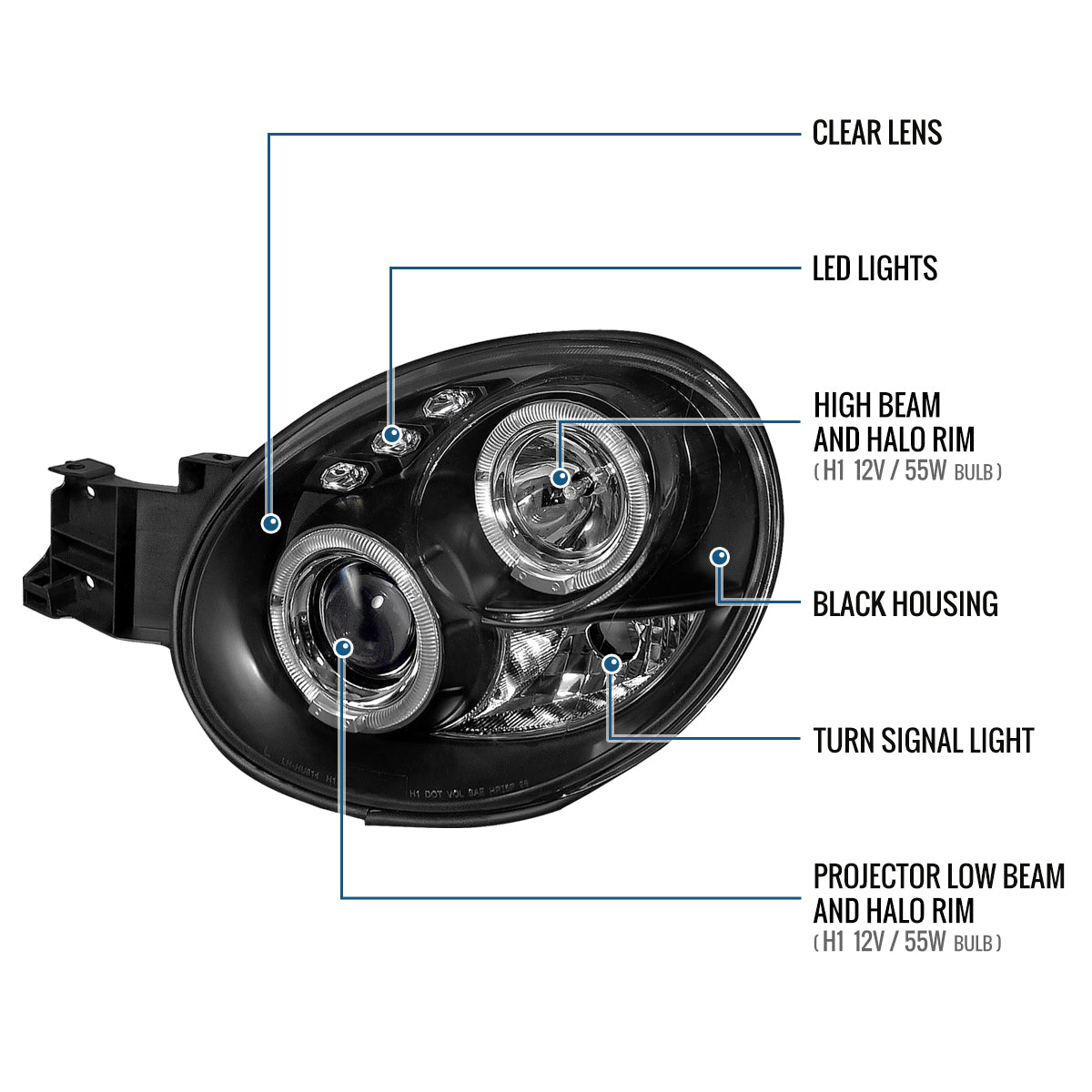 Ronnin - Compatible con Subaru Impreza 2002-2003, par de faros delanteros tipo proyector LED de doble aro, repuesto de mejora | Negro