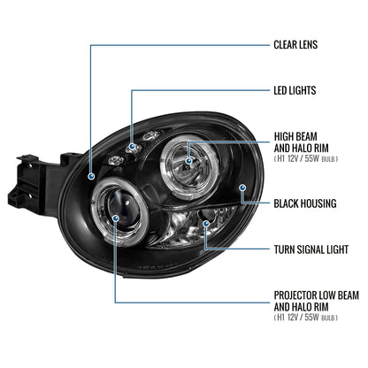 Ronnin - Compatible con Subaru Impreza 2002-2003, par de faros delanteros tipo proyector LED de doble aro, repuesto de mejora | Negro