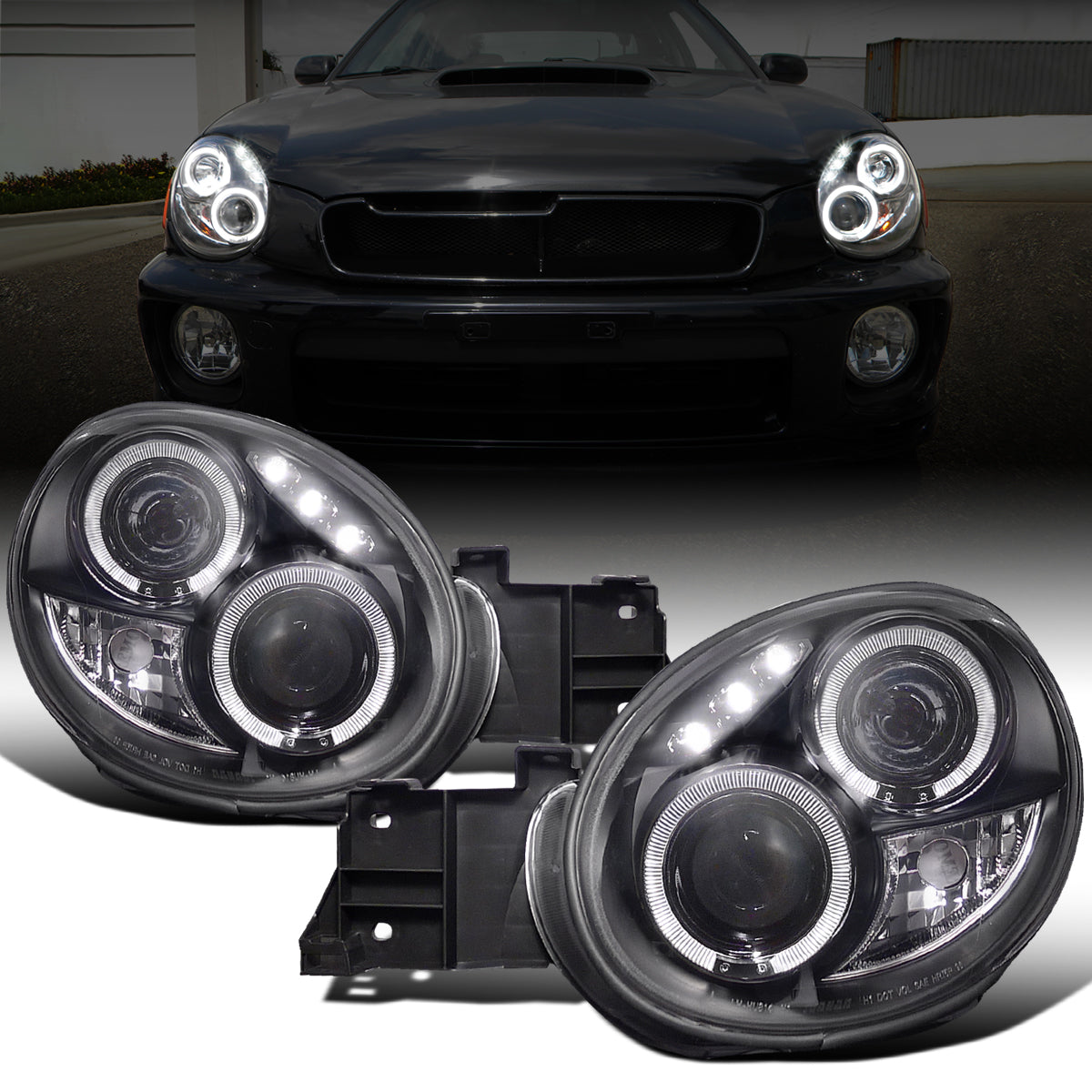 Ronnin - Compatible con Subaru Impreza 2002-2003, par de faros delanteros tipo proyector LED de doble aro, repuesto de mejora | Negro