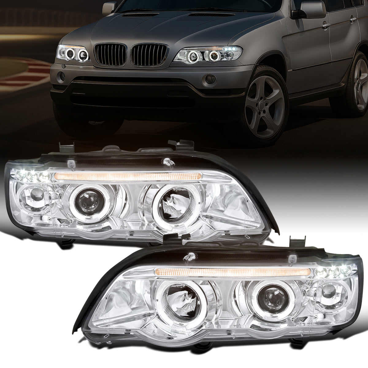 Ronnin - Se adapta a 2001-2003 BMW E53 Faros delanteros de proyector LED mejorados Ensamblaje Par | Cromo