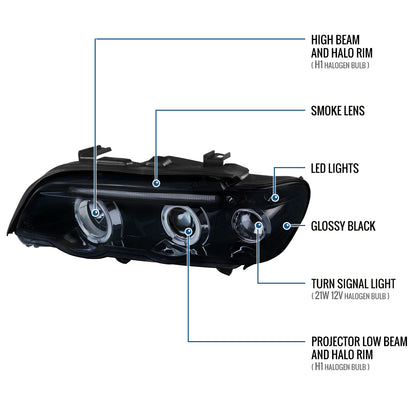 Ronnin - Compatible con BMW X5 2001-2003, Par de faros delanteros con proyector de doble aro LED, ensamblaje mejorado de repuesto | Humo negro