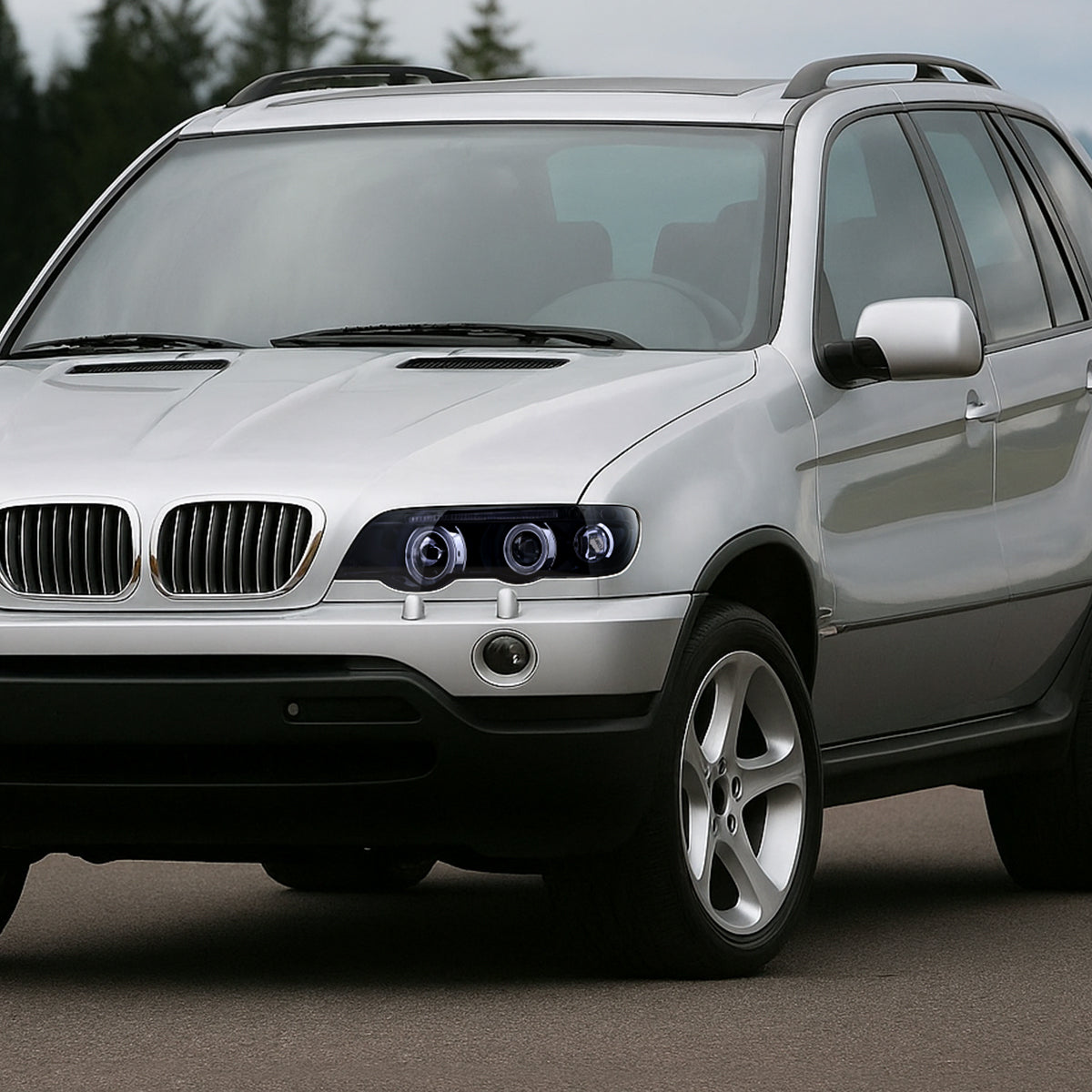 Ronnin - Compatible con BMW X5 2001-2003, Par de faros delanteros con proyector de doble aro LED, ensamblaje mejorado de repuesto | Humo negro