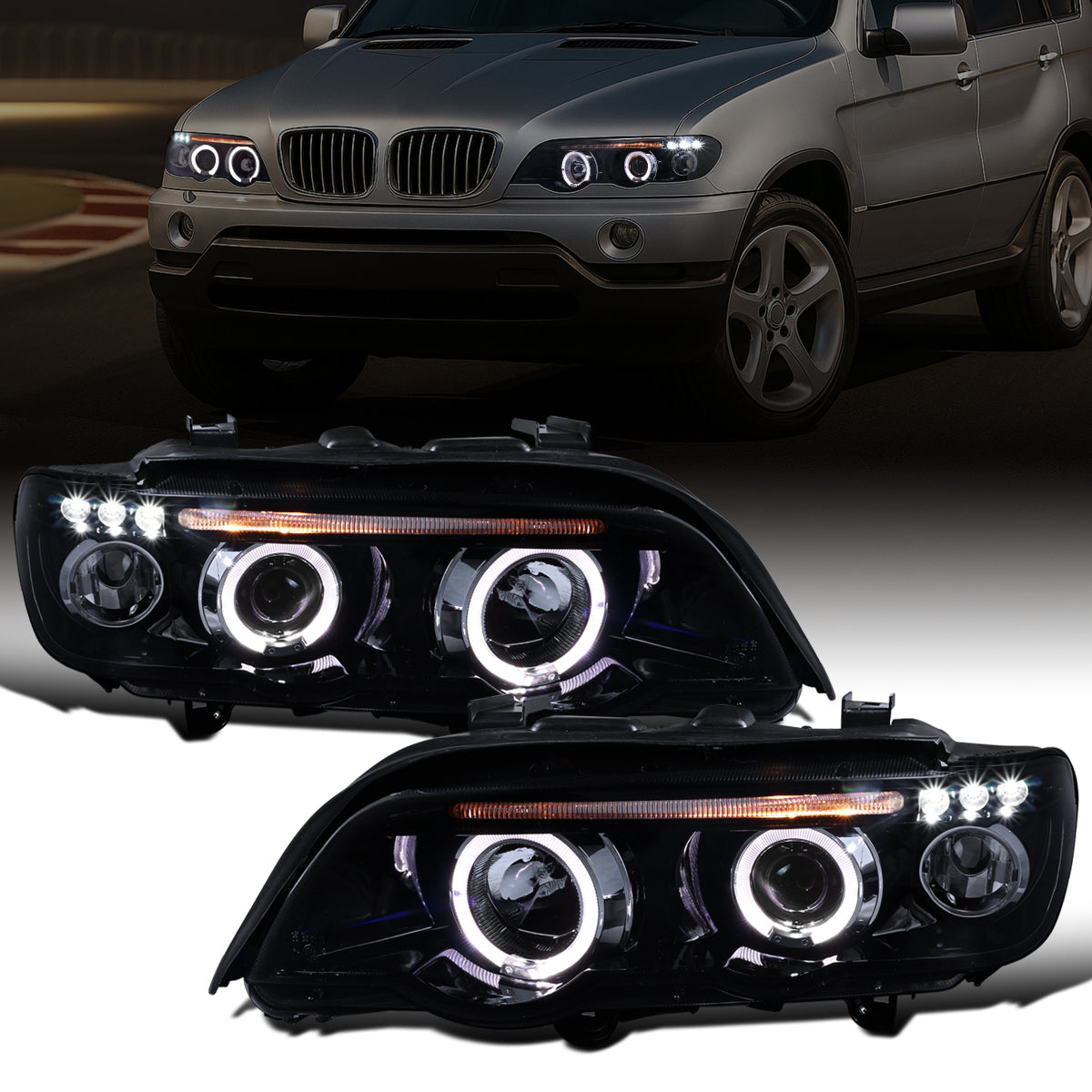 Ronnin - Compatible con BMW X5 2001-2003, Par de faros delanteros con proyector de doble aro LED, ensamblaje mejorado de repuesto | Humo negro