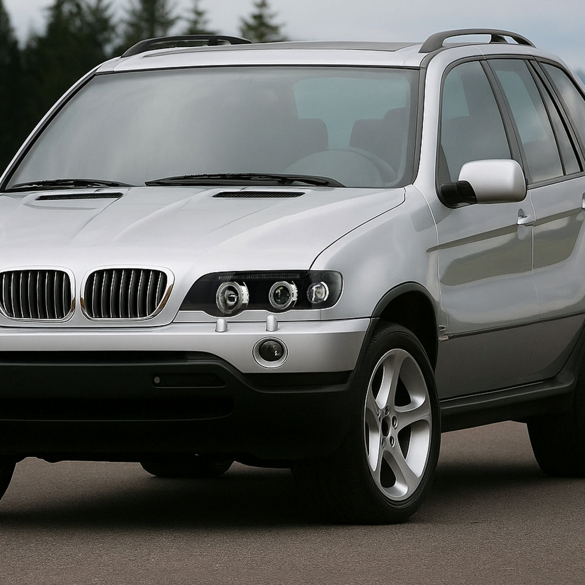 Ronnin - Se adapta a BMW X5 de 2001-2003, par de faros delanteros con proyector LED de doble aro mejorados | Negro