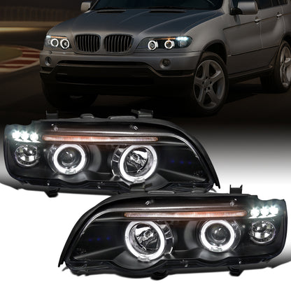 Ronnin - Se adapta a BMW X5 de 2001-2003, par de faros delanteros con proyector LED de doble aro mejorados | Negro